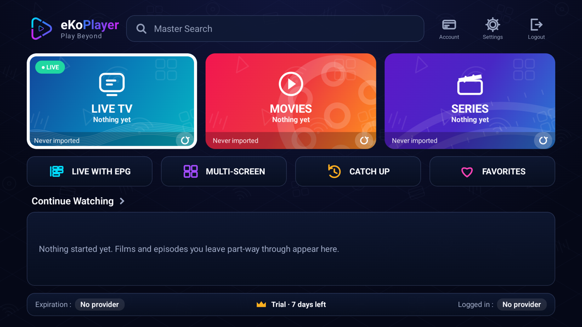 The eKoPlayer home screen on a television, before any playlist has been added.